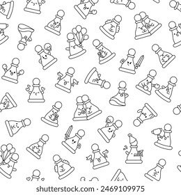 Cute chess pawn with happy face. Seamless pattern. Coloring Page. Cartoon kawaii character. Hand drawn style. Vector drawing. Design ornaments.