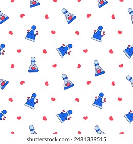 Cute chess pawn with happy face. Seamless pattern. Cartoon kawaii character. Hand drawn style. Vector drawing. Design ornaments.