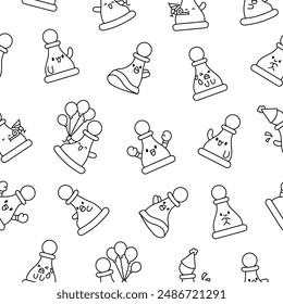 Cute chess pawn with happy face. Seamless pattern. Coloring Page. Cartoon kawaii character. Hand drawn style. Vector drawing. Design ornaments.