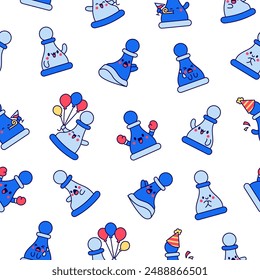 Cute chess pawn with happy face. Seamless pattern. Cartoon kawaii character. Hand drawn style. Vector drawing. Design ornaments.