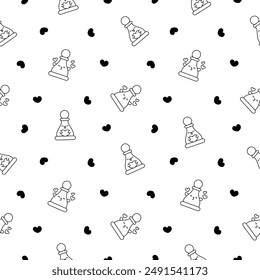 Cute chess pawn with happy face. Seamless pattern. Coloring Page. Cartoon kawaii character. Hand drawn style. Vector drawing. Design ornaments.