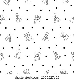 Cute chess pawn with happy face. Seamless pattern. Coloring Page. Cartoon kawaii character. Hand drawn style. Vector drawing. Design ornaments.