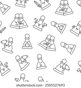 Cute chess pawn with happy face. Seamless pattern. Coloring Page. Cartoon kawaii character. Hand drawn style. Vector drawing. Design ornaments.