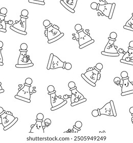 Cute chess pawn with happy face. Seamless pattern. Coloring Page. Cartoon kawaii character. Hand drawn style. Vector drawing. Design ornaments.