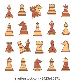 Cute chess pieces with happy face. King, queen, bishop, knight, rook, pawn. Cartoon kawaii character. Hand drawn style. Vector drawing. Collection of design elements.