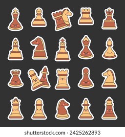 Cute chess pieces with happy face. Sticker Bookmark. King, queen, bishop, knight, rook, pawn. Cartoon kawaii character. Hand drawn style. Vector drawing. Collection of design elements.