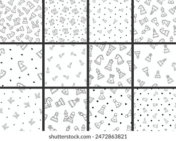 Cute chess pieces with happy face. Seamless pattern. Coloring Page. Hand drawn style. Vector drawing. Collection of design ornaments.