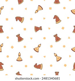 Cute chess pieces with happy face. Seamless pattern. Cartoon kawaii character. Hand drawn style. Vector drawing. Design ornaments.