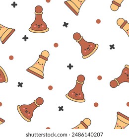 Cute chess pieces with happy face. Seamless pattern. Cartoon kawaii character. Hand drawn style. Vector drawing. Design ornaments.