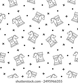 Cute chess pieces with happy face. Seamless pattern. Coloring Page. Cartoon kawaii character. Hand drawn style. Vector drawing. Design ornaments.