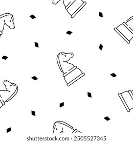 Cute chess pieces with happy face. Seamless pattern. Coloring Page. Cartoon kawaii character. Hand drawn style. Vector drawing. Design ornaments.