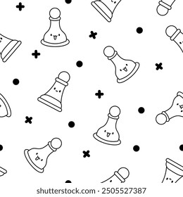 Cute chess pieces with happy face. Seamless pattern. Coloring Page. Cartoon kawaii character. Hand drawn style. Vector drawing. Design ornaments.