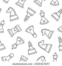 Cute chess pieces with happy face. Seamless pattern. Coloring Page. Cartoon kawaii character. Hand drawn style. Vector drawing. Design ornaments.