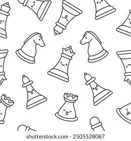 Cute chess pieces with happy face. Seamless pattern. Coloring Page. Cartoon kawaii character. Hand drawn style. Vector drawing. Design ornaments.
