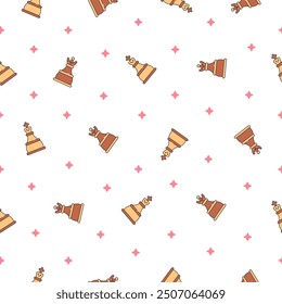 Cute chess pieces with happy face. Seamless pattern. Cartoon kawaii character. Hand drawn style. Vector drawing. Design ornaments.