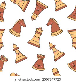 Cute chess pieces with happy face. Seamless pattern. Cartoon kawaii character. Hand drawn style. Vector drawing. Design ornaments.