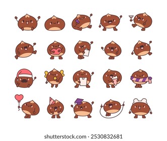 Cute chestnut character. Friendly cartoon nut. Hand drawn style. Vector drawing. Collection of design elements.
