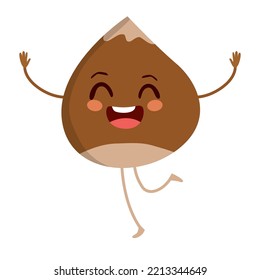 Cute chestnut character with happy face expression jumping. Flat icon symbol for Castanyada holiday celebration