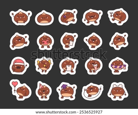 Cute chestnut character. Sticker Bookmark. Friendly cartoon nut. Hand drawn style. Vector drawing. Collection of design elements.