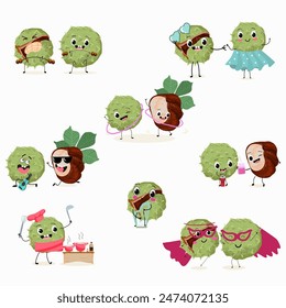 Cute chestnut characters set, collection. Flat vector illustration. Activities, playing musical instruments, sports, funny nuts.