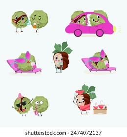Cute chestnut characters set, collection. Flat vector illustration. Activities, playing musical instruments, sports, funny nuts.