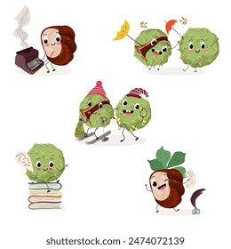 Cute chestnut characters set, collection. Flat vector illustration. Activities, playing musical instruments, sports, funny nuts.