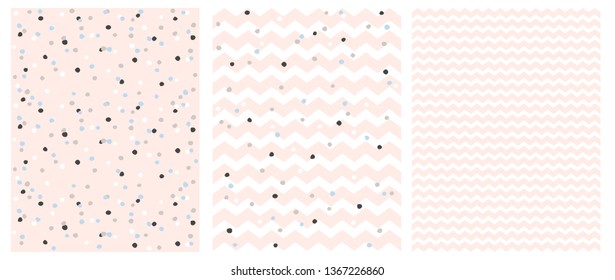 Cute Chevron and Polka Dots Vector Patterns. Iregular Dotted Repeatable Design. Light Pink Zig Zags Isolated on a White Background, Round Shape Confetti Rain. Lovely Pastel Color Girly Patterns.