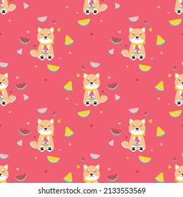 cute Chiba Inu dog eating watermelon seamless pattern for print or fabric