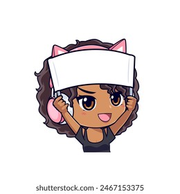 Cute chibi african american gamer girl holding banner cartoon logo icon