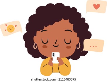 Cute chibi African girl using phone for texting.