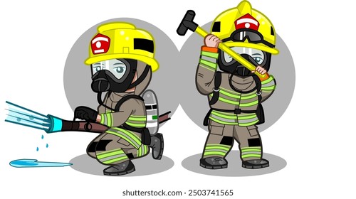 El bombero masculino americano chibi lindo lleva el casco amarillo. Diseño gráfico de ilustración de personaje de dibujos animados de Vector para colección, póster, fondo, Fondo de pantalla, pegatina.