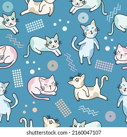 Cute chibi animals kitty and cats seamless pattern doodle for kids and baby kawaii cartoon Premium Vector background design decoration creative illustration for prints, memphis 80s 90s themes