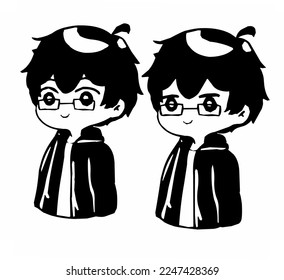 Cute chibi Anime boy black white 