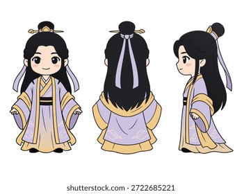 Un lindo personaje de anime chibi vestido con ropa tradicional de Hanfu, que se muestra desde el frente, la espalda y las vistas laterales.