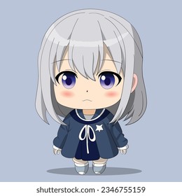Cute chibi anime character with white hair and blue eyes