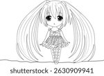 Cute Chibi Anime Girl Line Art, Simple black and white line art illustration of a cute chibi-style anime girl with long hair, a dress, and patterned leggings. Ideal for coloring pages, graphic