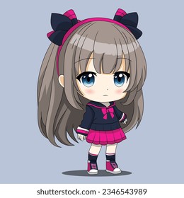 Cute chibi anime girl with long hair and pink dress