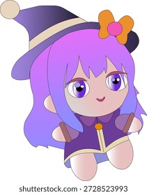 Süße Chibi Anime Hexe mit violettem Haar und magischen Hut, Kawaii kleine Zauberin Charakter, Spiel Fantasy Asset Vektor Illustration