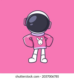 Cute chibi astronaut Cartoon Vector Icon Illustration wearing a hoodie with confidece pose for Science Technology Icon Flyer, Sticker, Card. Flat Cartoon Style