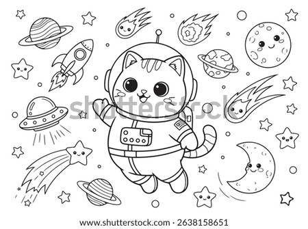 Cute Chibi Astronaut Cat in Space, Coloring Page for Kids, Hand drawn kawaii coloring book illustration. Vector illustartion