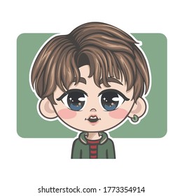 Niño avatar de chibi chibi con pelo castaño en camiseta de tiras rojas y capucha verde