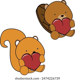 cute chibi baby animals cartoon love pack collection holding red heart in vector format