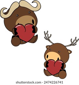 cute chibi baby animals cartoon love pack collection holding red heart in vector format