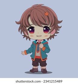 Cute chibi boy, anime character, brown hair in school clothes