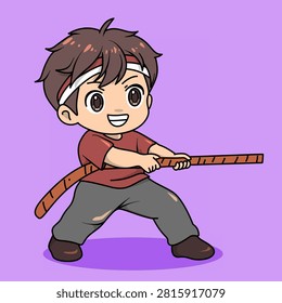 A cute chibi boy with big eyes and a cheerful smile, wearing a red shirt, gray pants, brown shoes, and a red and white headband. He is pulling a thick brown rope with both hands in a strong tug-of-war pose against a solid purple background. The cartoon illustration features clean lines, bright colors, and a playful energetic style representing teamwork and Indonesian Independence Day games.