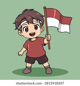 A cute chibi boy with big sparkling eyes and a happy smile, wearing a red t-shirt, brown shorts, gray socks, brown shoes, and a red and white headband. He is proudly holding and waving the Indonesian flag with a wooden pole on a soft green background. The cartoon illustration has clean lines, vibrant colors, and a cheerful patriotic theme celebrating Indonesian Independence Day.