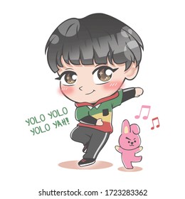 Cute Chibi Boy Cartoon Black Hair with Pink Rabbit Illustration