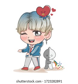 Cute Chibi Boy Cartoon Blue Cream Hair Illustration