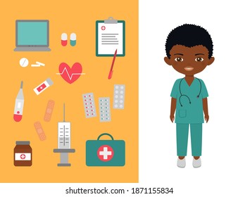 Cute chibi boy character in medical suit. Medical pharmaceutical, big set of medical products. Professions for children. Vector illustration
