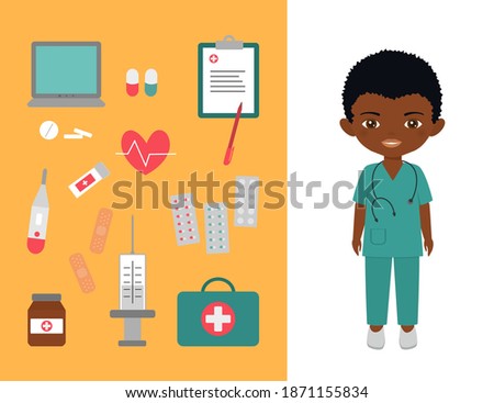 Cute chibi boy character in medical suit. Medical pharmaceutical, big set of medical products. Professions for children. Vector illustration
